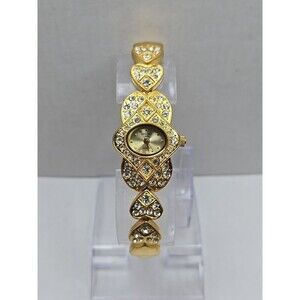 Diplomat Japan Quartz Heart Link Rhinestone Gold Tone Bracelet Watch New Battery